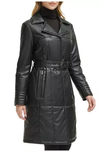 Women’s black pocket fid-length safari-inspired leather trench coat  belted