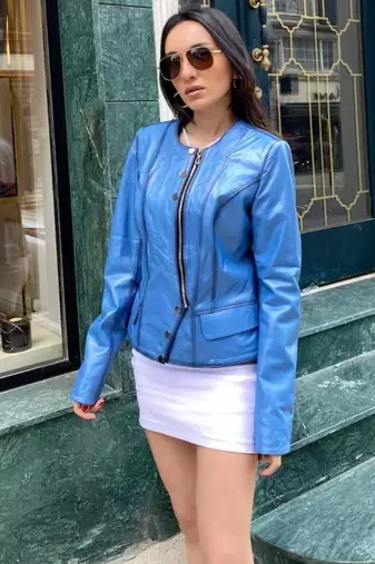 Women’s sky bluelambskin leather jacket- zipper motor biker detail