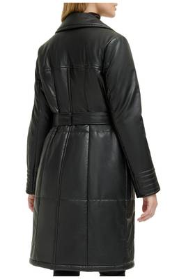 Women’s black pocket fid-length safari-inspired leather trench coat  belted 3