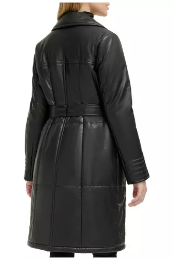 Women’s black pocket fid-length safari-inspired leather trench coat  belted