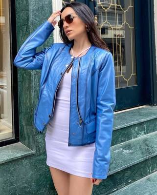 Women’s sky bluelambskin leather jacket- zipper motor biker detail 4