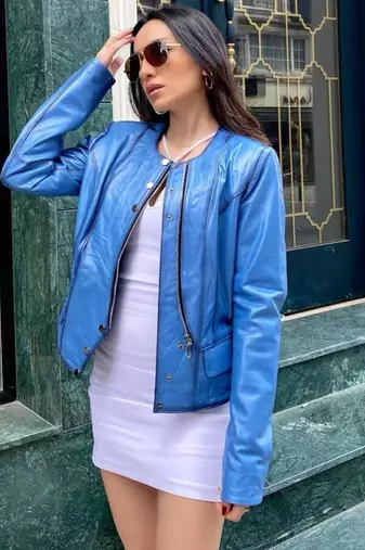 Women’s sky bluelambskin leather jacket- zipper motor biker detail