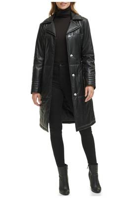 Women’s black pocket fid-length safari-inspired leather trench coat  belted 4