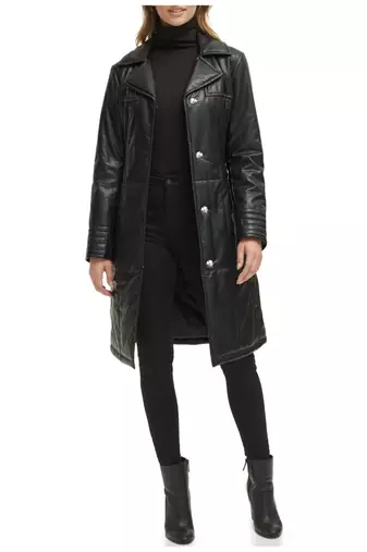 Women’s black pocket fid-length safari-inspired leather trench coat  belted