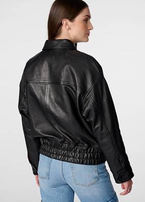Women’s black leather jacket- 2 button pockets ribb waist stylish look 2