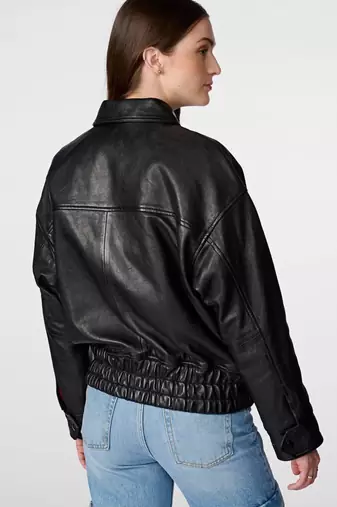 Women’s black leather jacket- 2 button pockets ribb waist stylish look