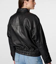 Women’s black leather jacket- 2 button pockets ribb waist stylish look