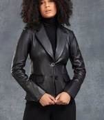 Women’s  black tailored short trench style leather coat
