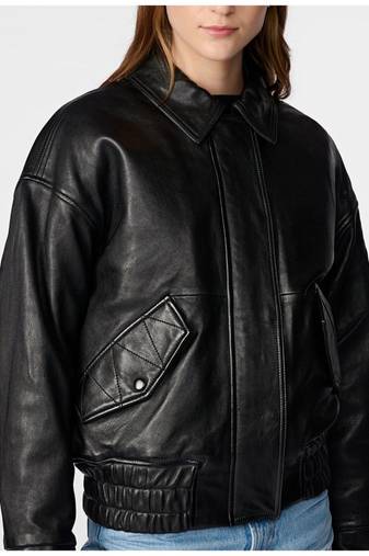 Women’s black leather jacket- 2 button pockets ribb waist stylish look