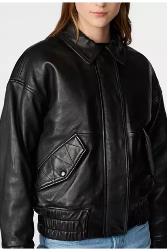 Women’s black leather jacket- 2 button pockets ribb waist stylish look