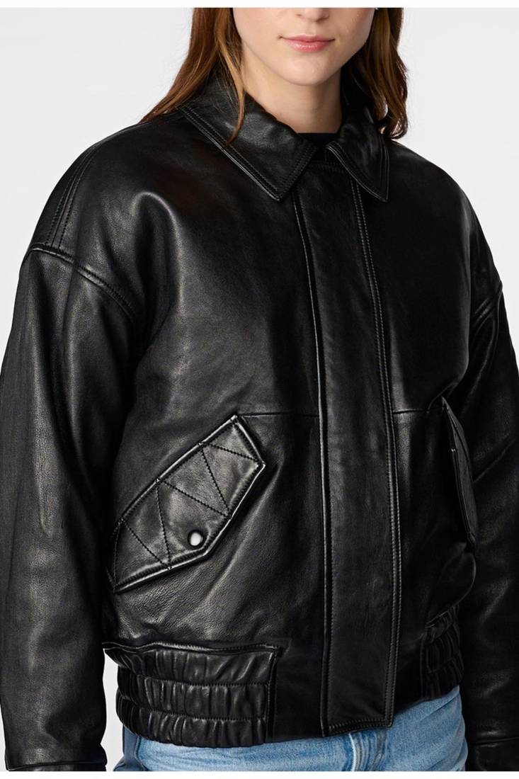Women’s black leather jacket- 2 button pockets ribb waist stylish look