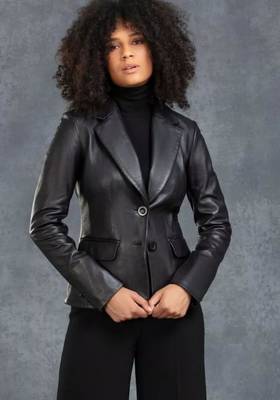 Women’s  black tailored short trench style leather coat 2
