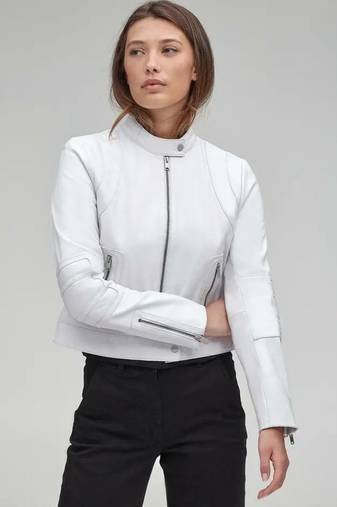 Women’s white lambskin leather jacket- multiple zipper motor biker detail