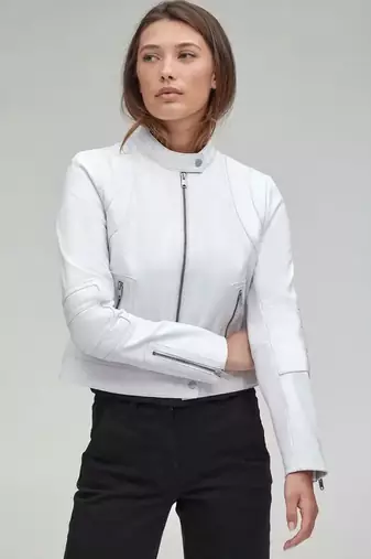 Women’s white lambskin leather jacket- multiple zipper motor biker detail