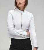 Women’s white lambskin leather jacket- multiple zipper motor biker detail