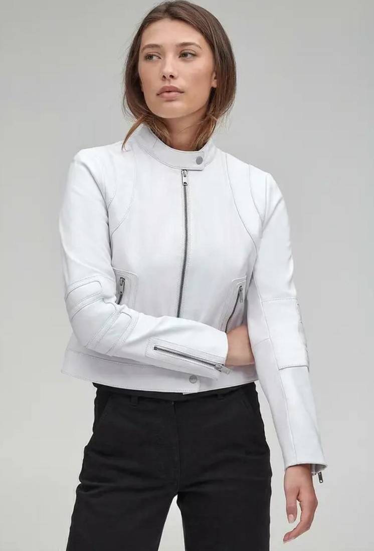 Women’s white lambskin leather jacket- multiple zipper motor biker detail