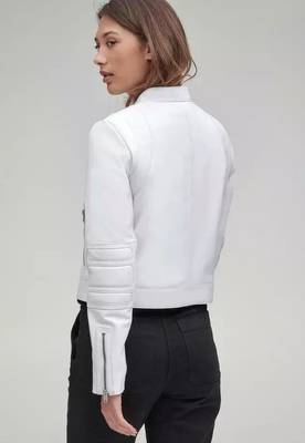 Women’s white lambskin leather jacket- multiple zipper motor biker detail 2