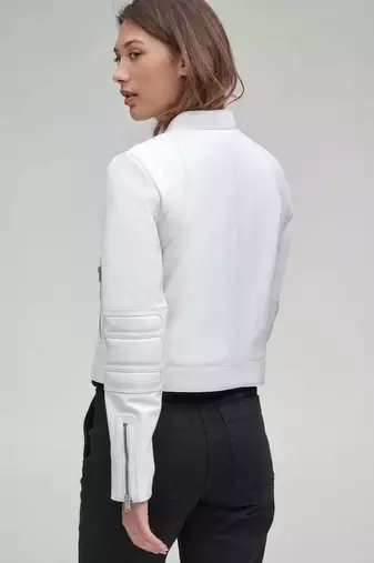 Women’s white lambskin leather jacket- multiple zipper motor biker detail