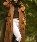 Women’s brown suede full-length safari-inspired leather trench coat  belted