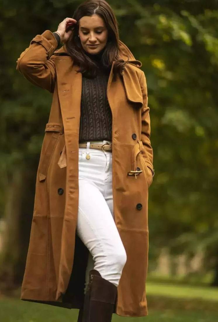 Women’s brown suede full-length safari-inspired leather trench coat  belted