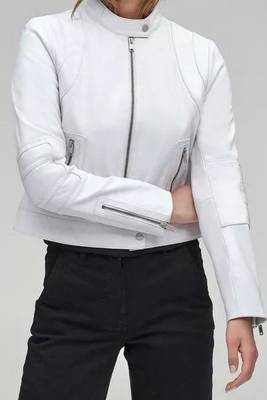 Women’s white lambskin leather jacket- multiple zipper motor biker detail 3