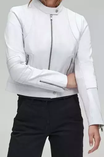Women’s white lambskin leather jacket- multiple zipper motor biker detail