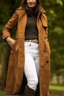 Women’s brown suede full-length safari-inspired leather trench coat  belted 2