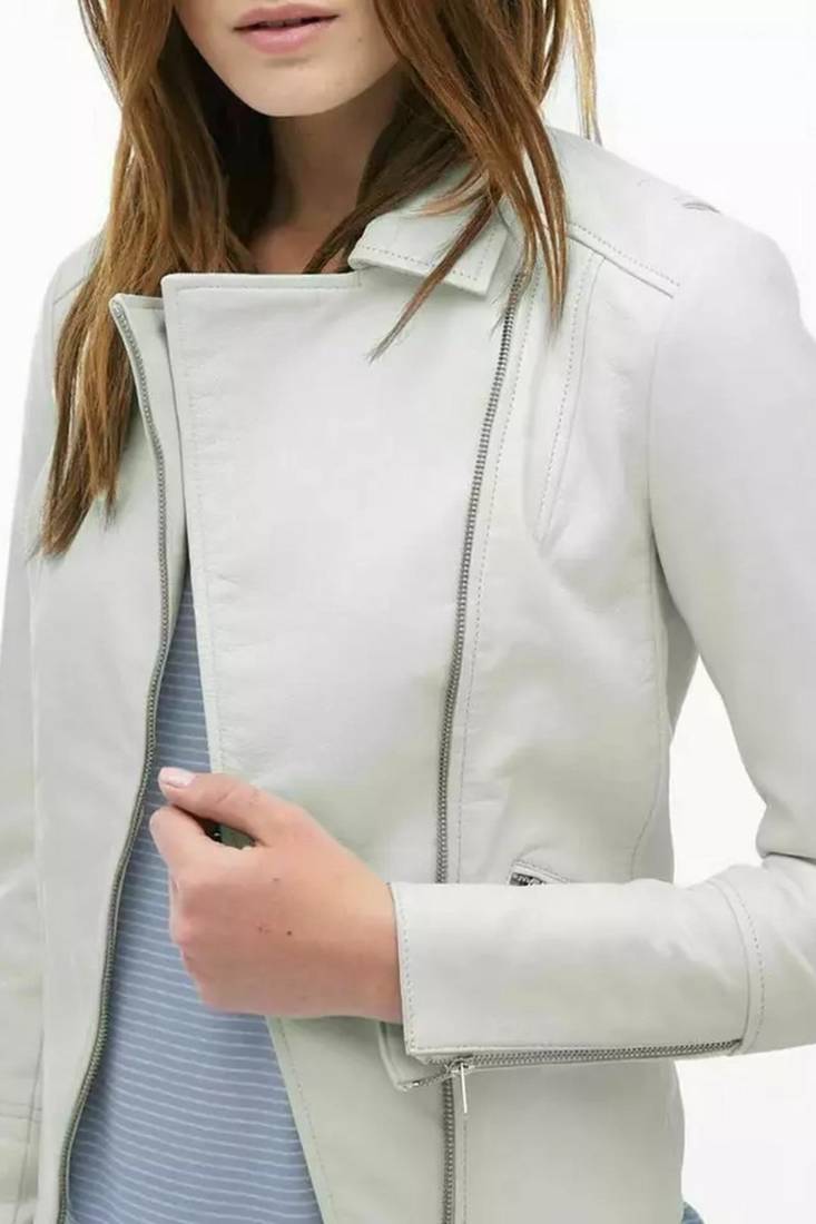 Women’s white lambskin leather jacket-  motor biker detail