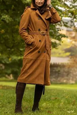 Women’s brown suede full-length safari-inspired leather trench coat  belted 3