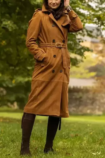 Women’s brown suede full-length safari-inspired leather trench coat  belted