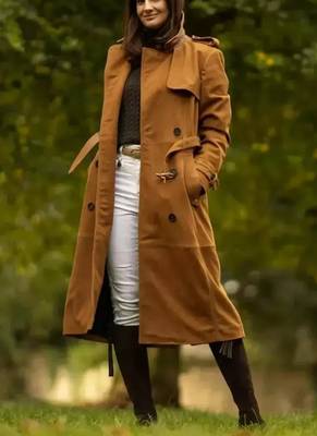 Women’s brown suede full-length safari-inspired leather trench coat  belted 4