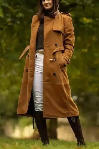 Women’s brown suede full-length safari-inspired leather trench coat  belted