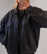 Women’s black bomber lambskin leather jacket -asymmetrical zipper