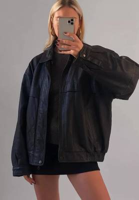 Women’s black bomber lambskin leather jacket -asymmetrical zipper 2