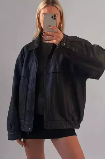 Women’s black bomber lambskin leather jacket -asymmetrical zipper