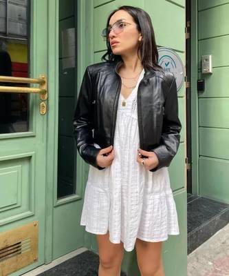 Women’s black lambskin leather short jacket - stright zipp style 1
