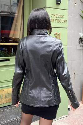 Women’s  black tailored trench style zipper leather coat 2