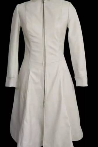 Women's white full-length lambskin leather coat- full sleeve with lace