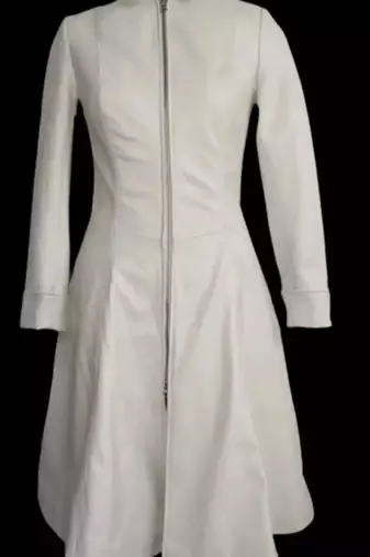 Women's white full-length lambskin leather coat- full sleeve with lace