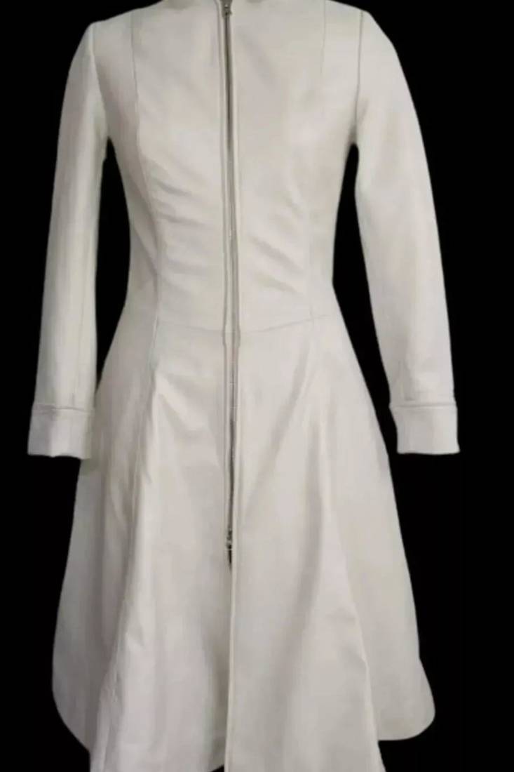 Women's white full-length lambskin leather coat- full sleeve with lace