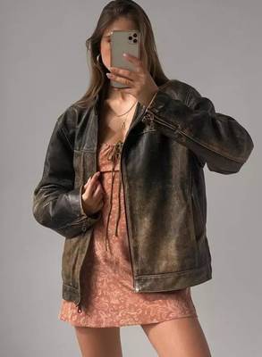 Women’s brown rub off bomber lambskin leather jacket 1