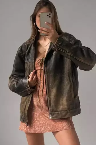 Women’s brown rub off bomber lambskin leather jacket