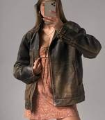 Women’s brown rub off bomber lambskin leather jacket