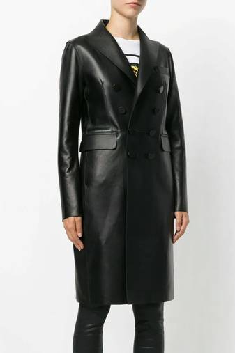 Women’s black tailored short trench style button leather coat