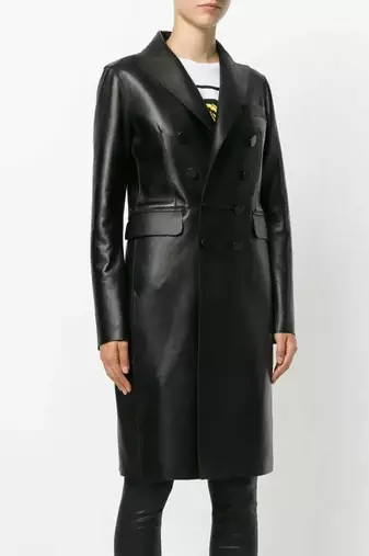 Women’s black tailored short trench style button leather coat