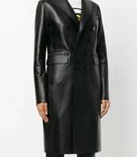 Women’s black tailored short trench style button leather coat