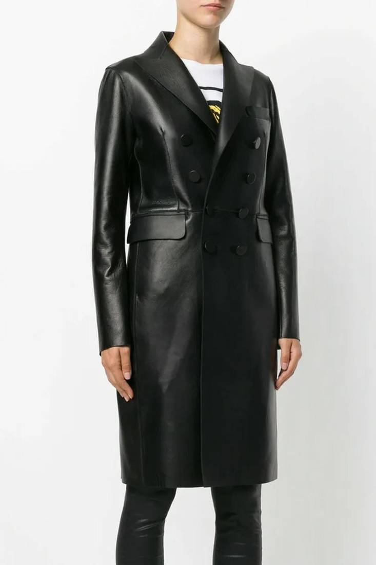 Women’s black tailored short trench style button leather coat