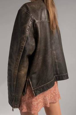 Women’s brown rub off bomber lambskin leather jacket 2