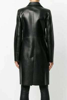Women’s black tailored short trench style button leather coat 2