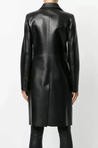 Women’s black tailored short trench style button leather coat